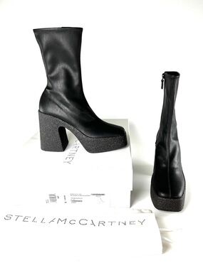 Stella McCartney Skyla Black Platform Sock Boots with Textured Block Heel